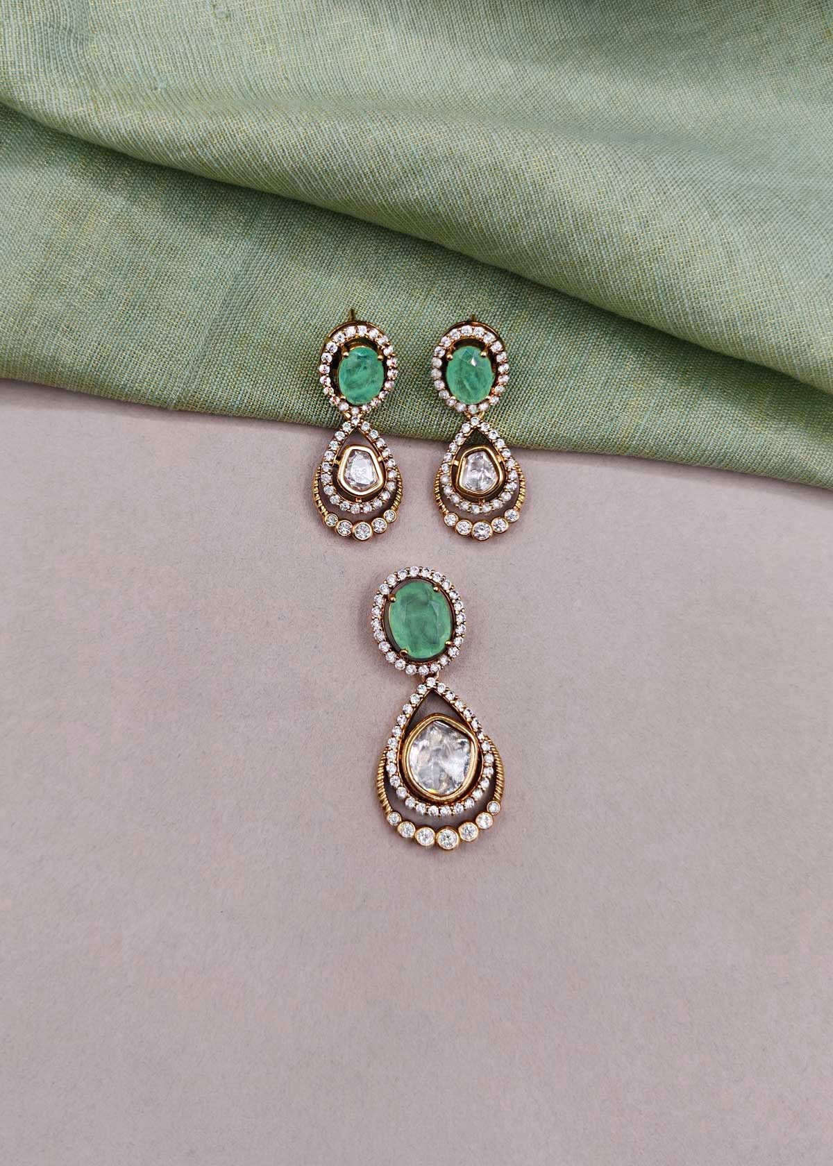 Regal Oval Gemstone, Cubic Zircon & Teardrop Kundan Big Pendant Set For Women