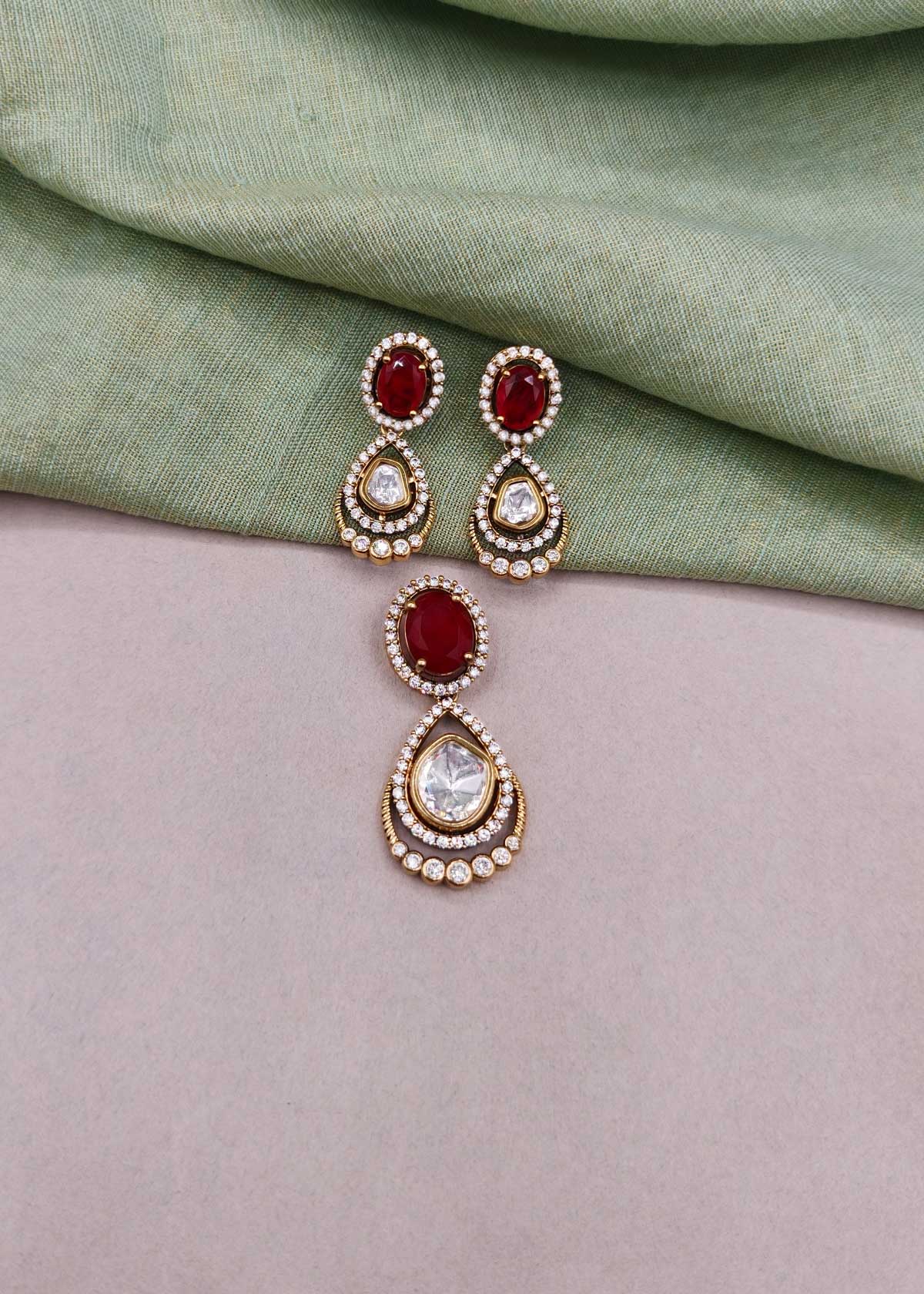 Regal Oval Gemstone, Cubic Zircon & Teardrop Kundan Big Pendant Set For Women