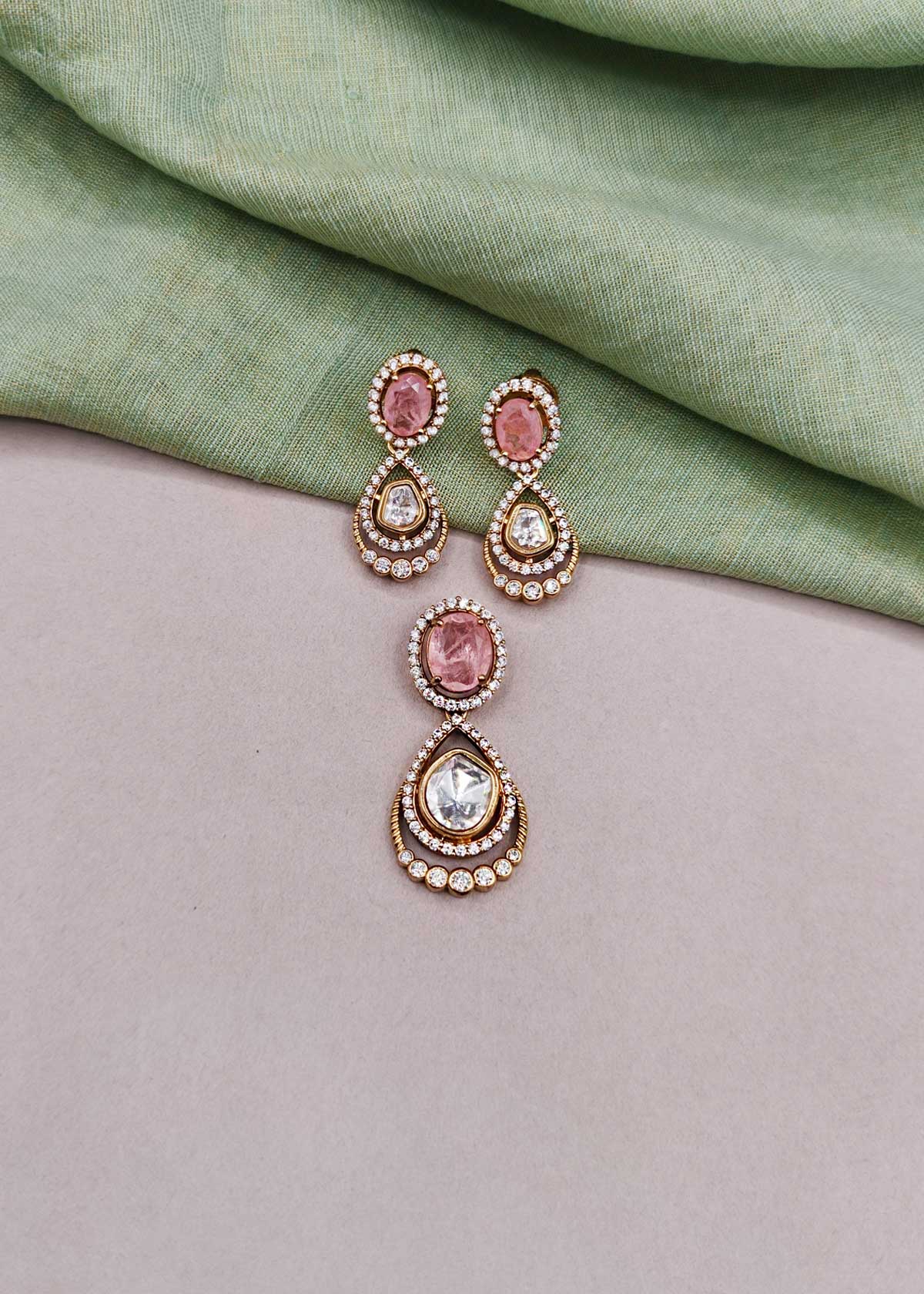 Regal Oval Gemstone, Cubic Zircon & Teardrop Kundan Big Pendant Set For Women
