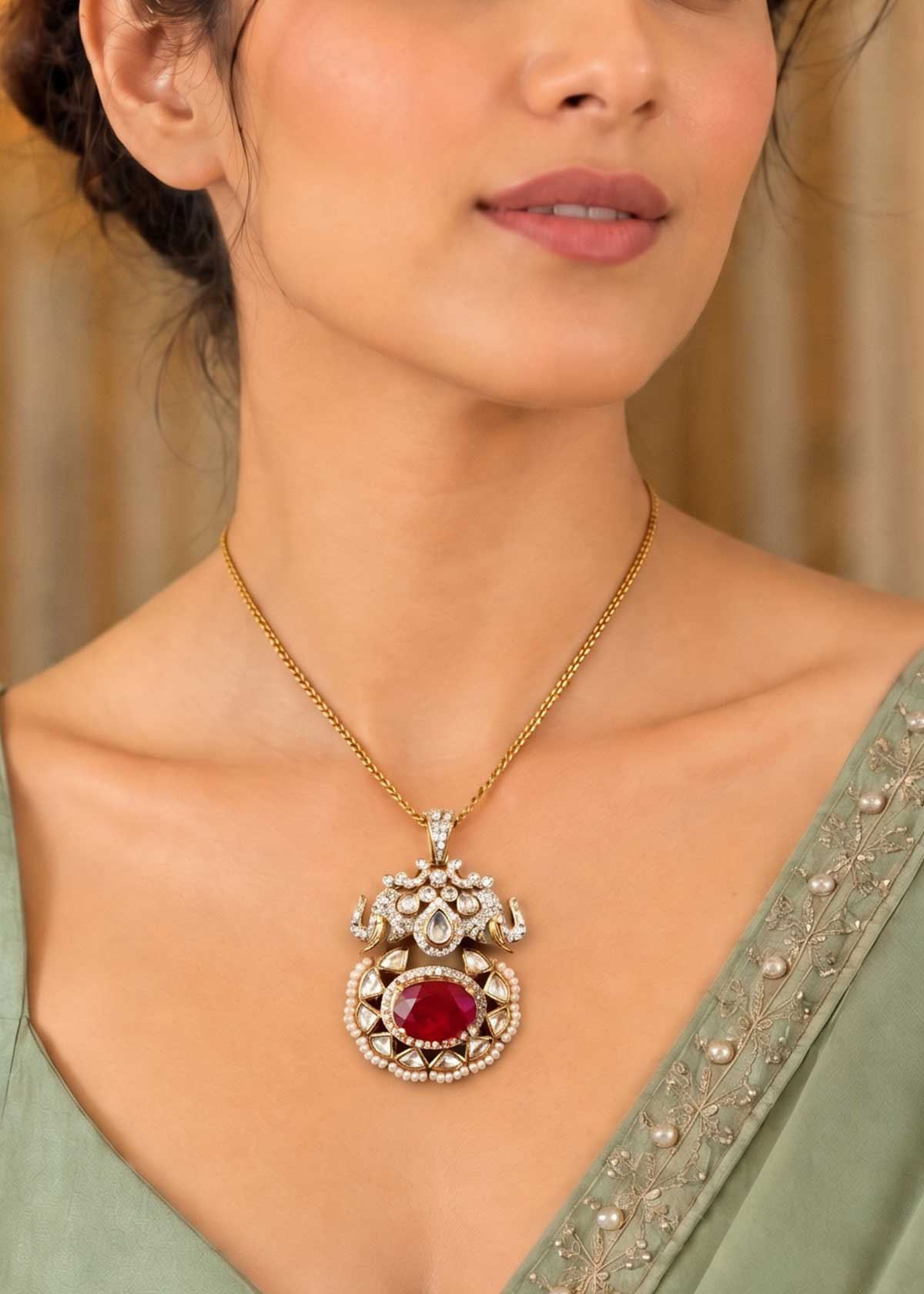 Majestic Elephant Motif Kundan, Gemstone & Cubic Zircon Heavy Pendant Set For Women