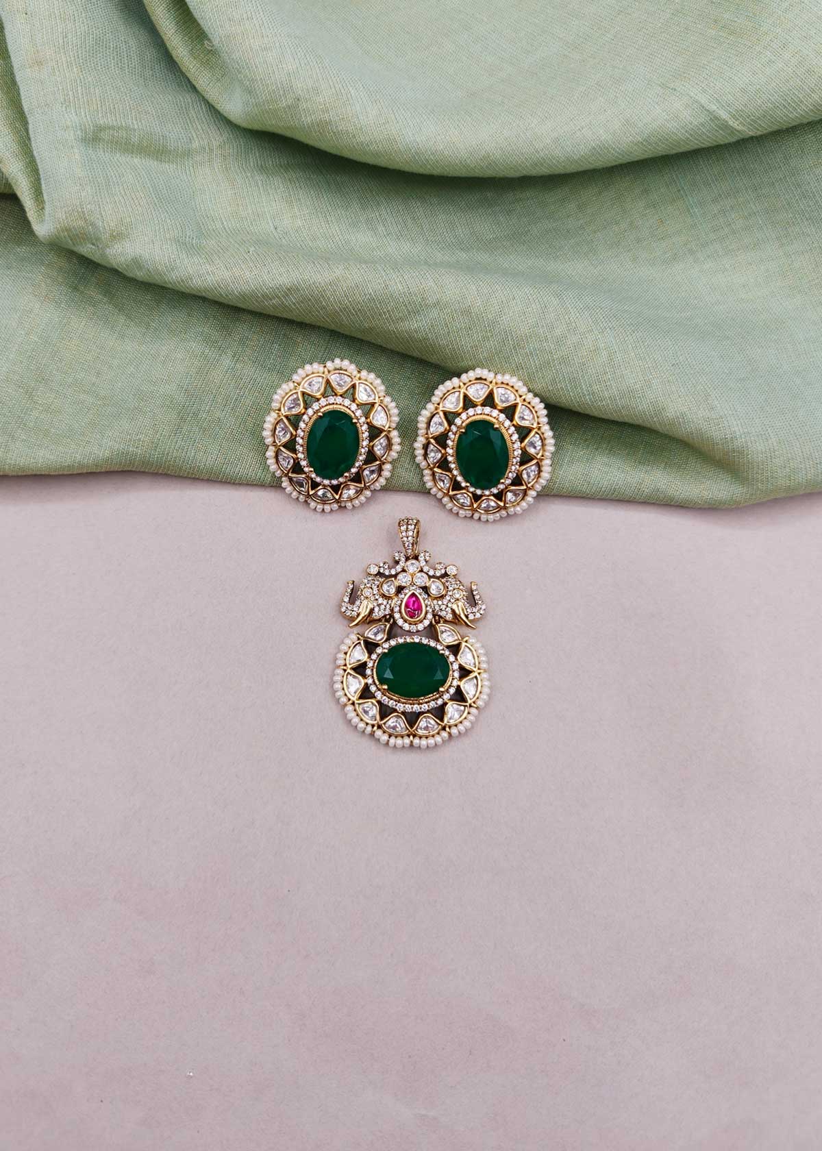 Majestic Royal Elephant Motif Kundan, Oval Gemstone & Cubic Zircon Heavy Pendant Set For Women
