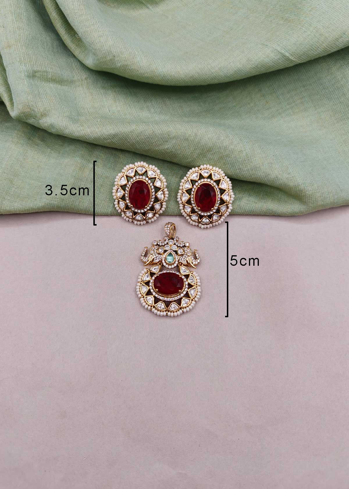 Majestic Royal Elephant Motif Kundan, Oval Gemstone & Cubic Zircon Heavy Pendant Set For Women