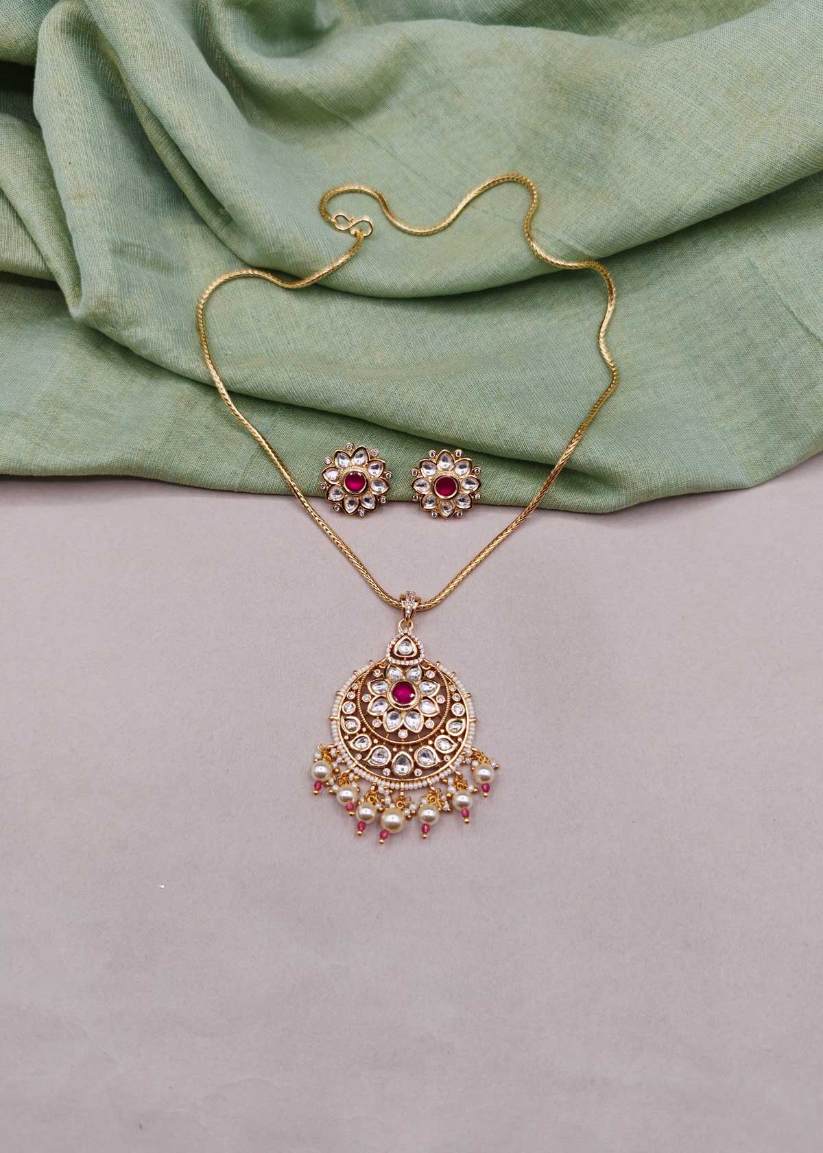 Vintage Style Kundan, Cubic Zircon & Hanging Pearl Cluster Big Pendant Set With Chain For Women