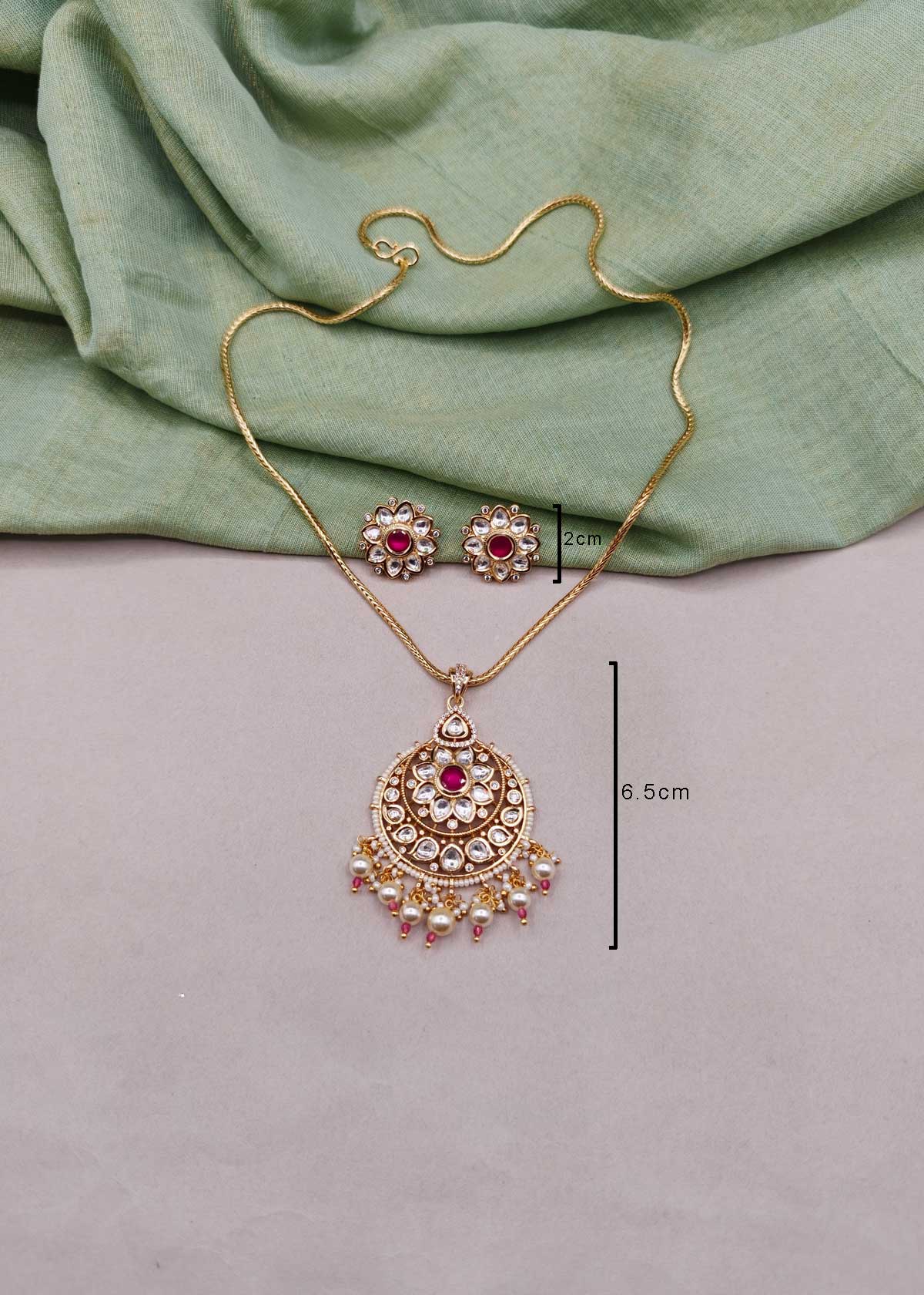 Vintage Style Kundan, Cubic Zircon & Hanging Pearl Cluster Big Pendant Set With Chain For Women