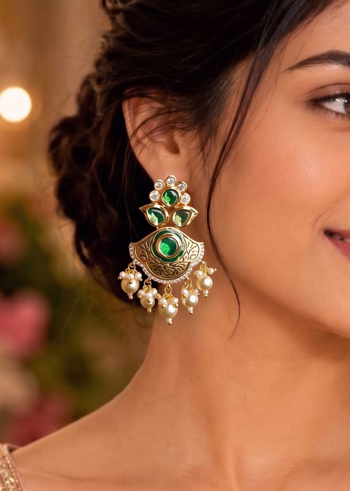 Traditional Kundan, Zircon, & Pearl Drop Heavy Pendant Set With Chain For Women