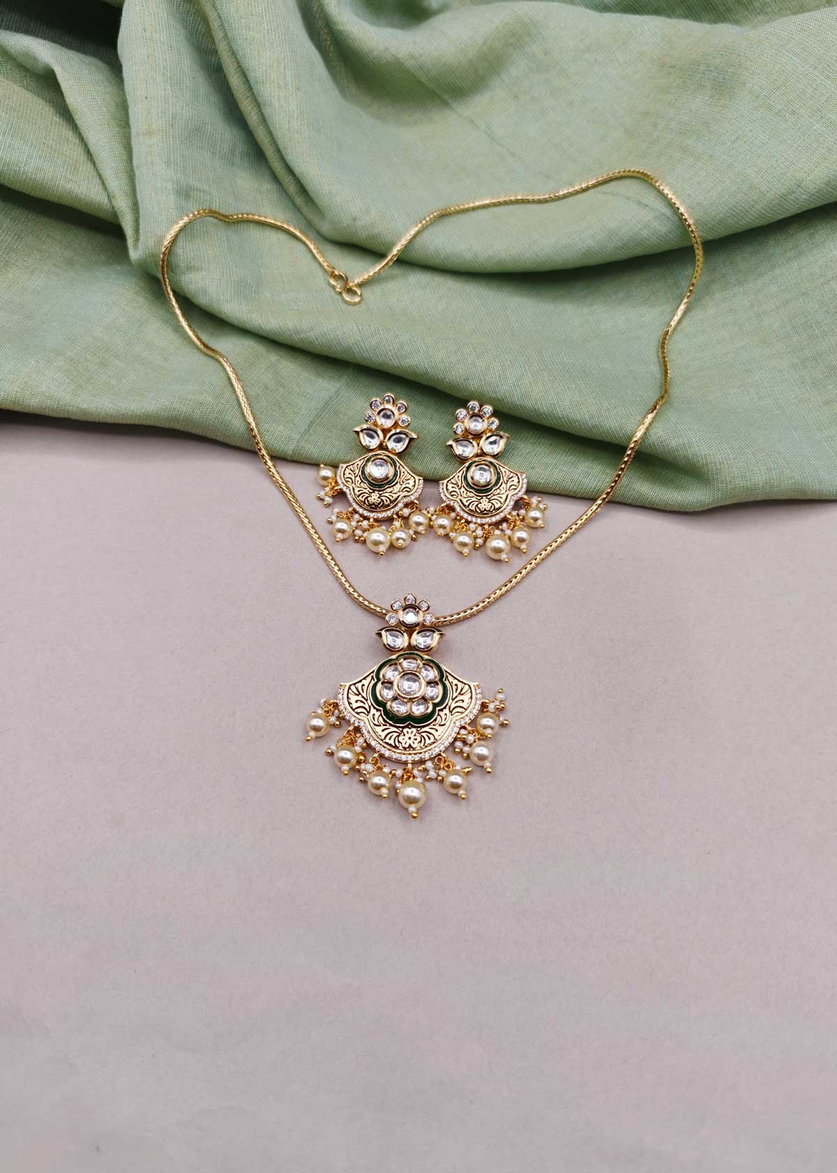 Traditional Meenakari, Cubic Zircon, Kundan & Pearl Drop Heavy Pendant Set With Chain For Women
