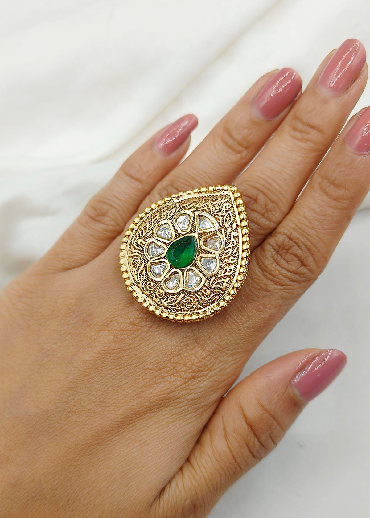 Antique Gold Big Drop Shape Kundan Finger Ring