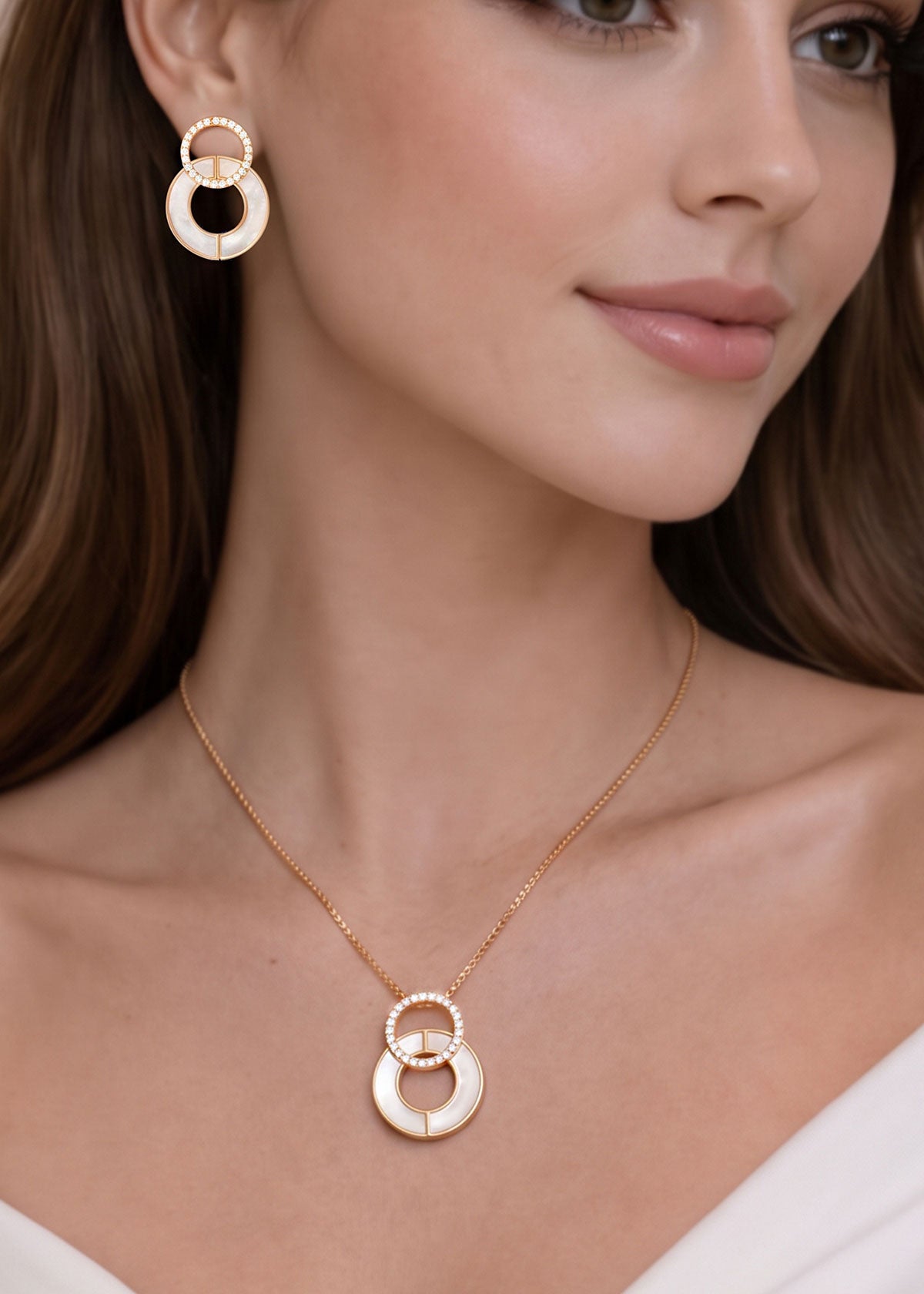 Dual Hoop Mother Of Pearl & Cubic Zircon Pendant Set With Chain For Women