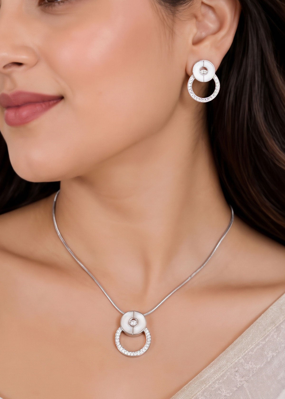 Mother Of Pearl Disc & Cubic Zircon Open Hoop Pendant Set With Chain For Women