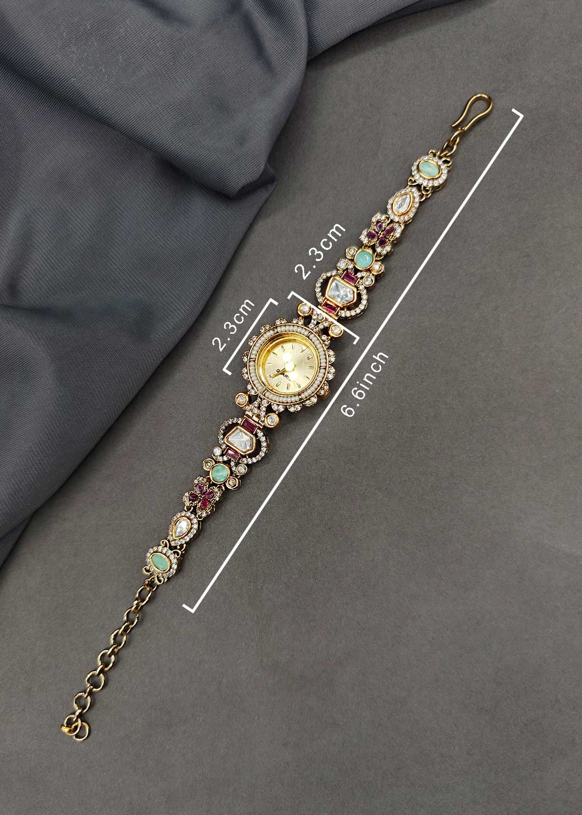 Traditional Kundan, Pearl & Cubic Zircon Heavy Adjustable Watch For Women