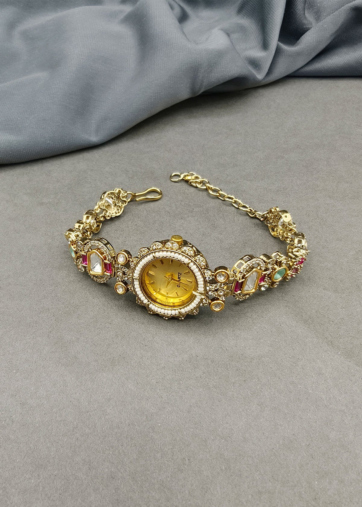 Traditional Kundan, Seed Pearl & Cubic Zircon Heavy Adjustable Bracelet Watch For Women