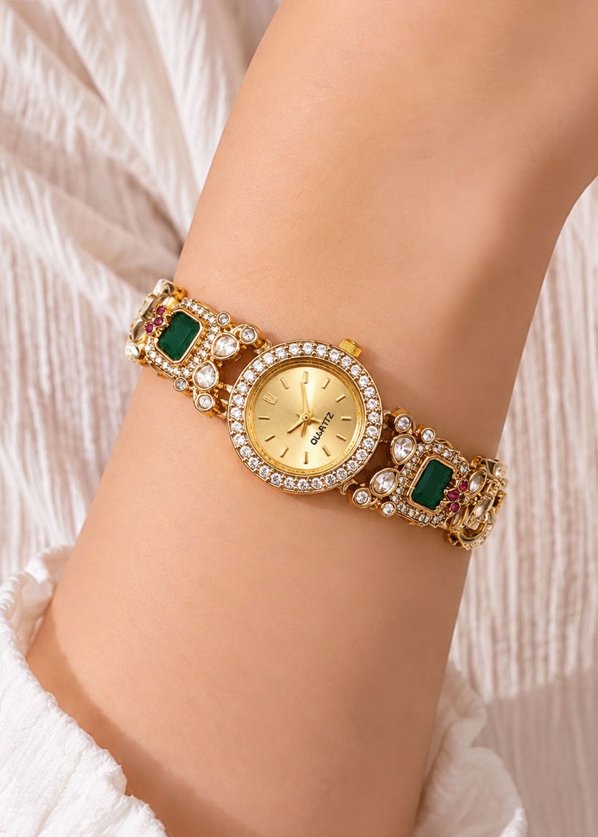 Heavy Royal Elephant Motif Kundan & Cubic Zircon Adjustable Bracelet Watch For Women