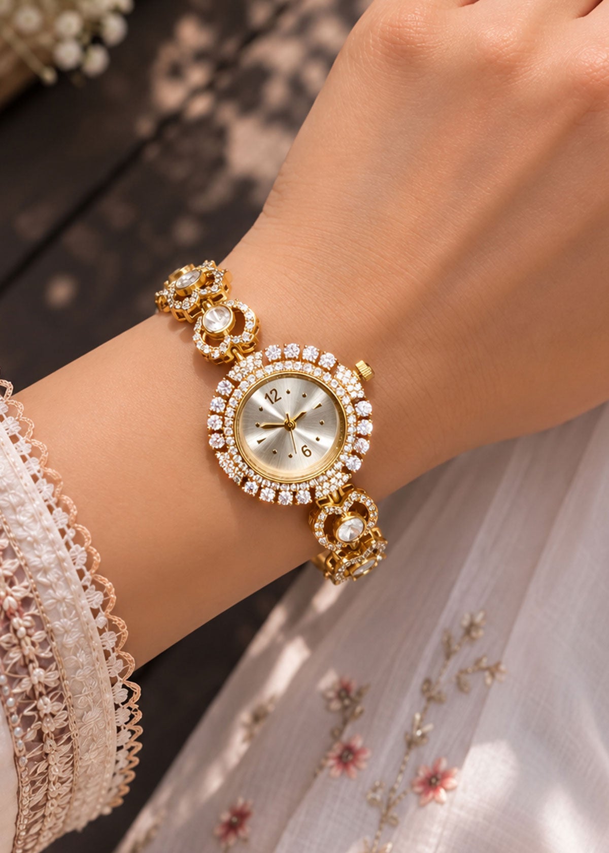 Luxurious Double Halo Moissanite & Cubic Zircon Floral Link Watch For Women