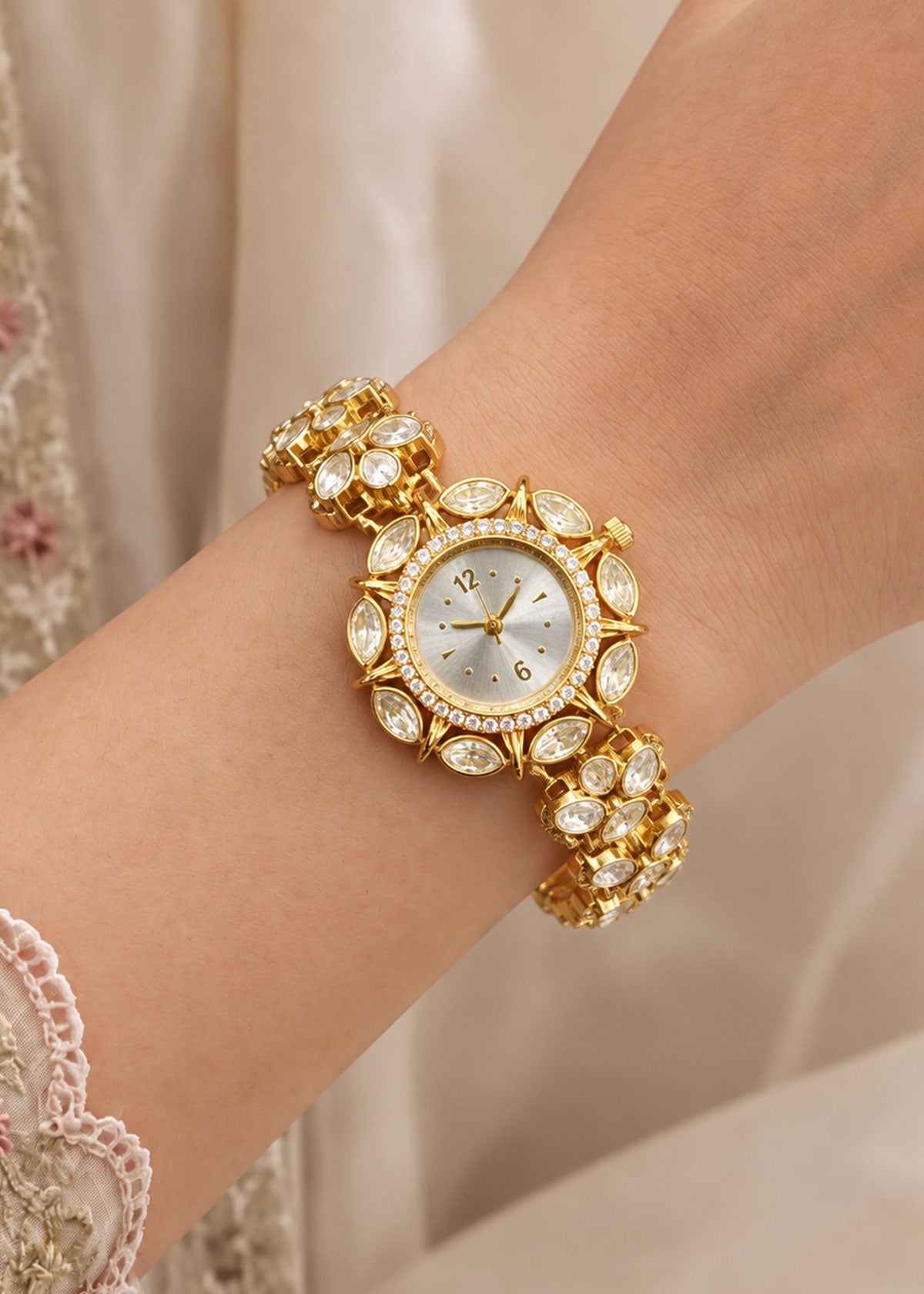 Heavy Floral Marquise & Teardrop Moissanite Cubic Zircon Cluster Watch For Women