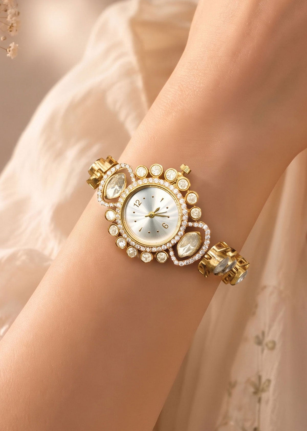Gorgeous Heavy Teardrop Cut Moissanite Polki & Cubic Zircon Bracelet Watch For Women