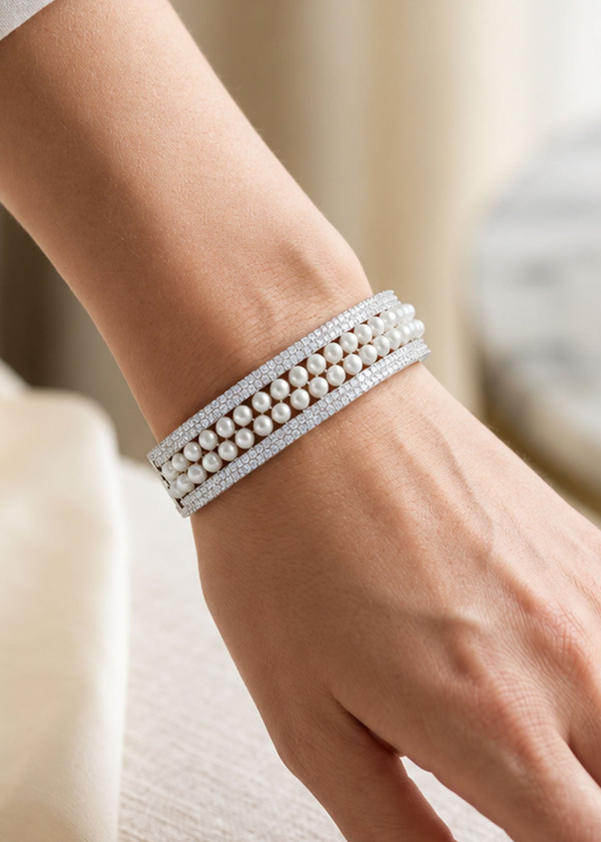 Two Row Pearl & Cubic Zircon Openable Kada Bracelet For Women