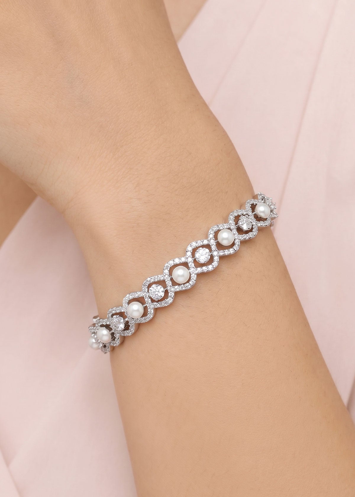 Contemporary Pearl &  Zircon Circle Openable Kada Bracelet For Women
