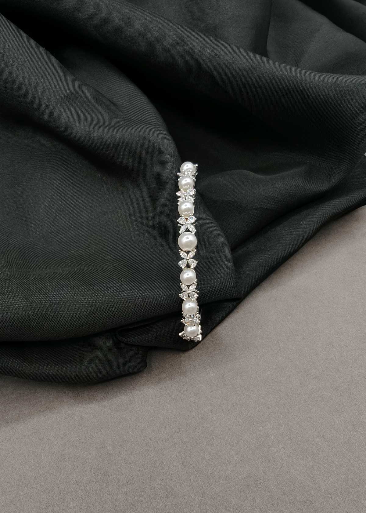 Graceful Marquise Cubic Zircon & Pearl Floral Cluster Openable Kada Bracelet For Women
