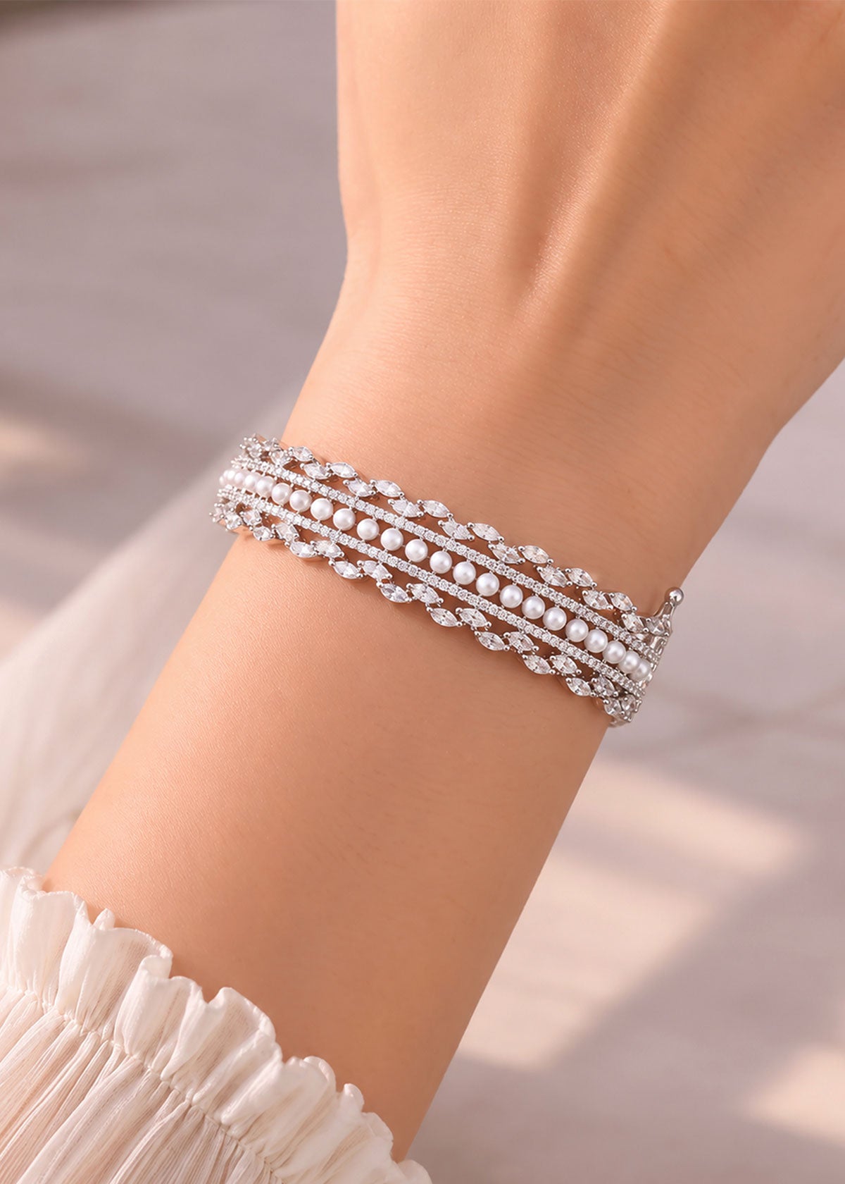 Luxury Pearl & Marquise Cubic Zircon Broad Openable Kada Bracelet For Women