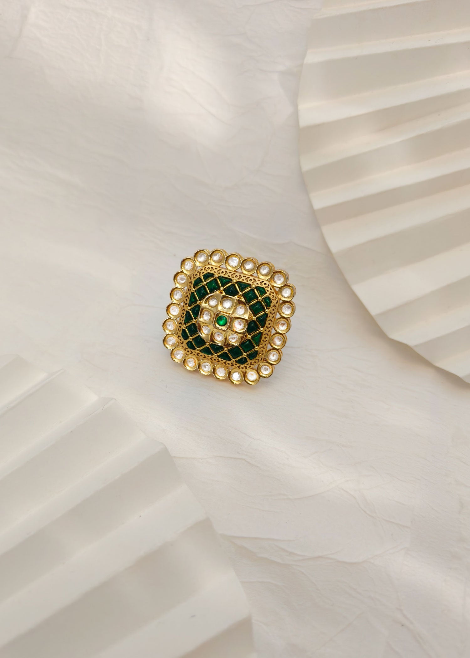 Big Square Shape Red/ Green Kundan Finger Ring