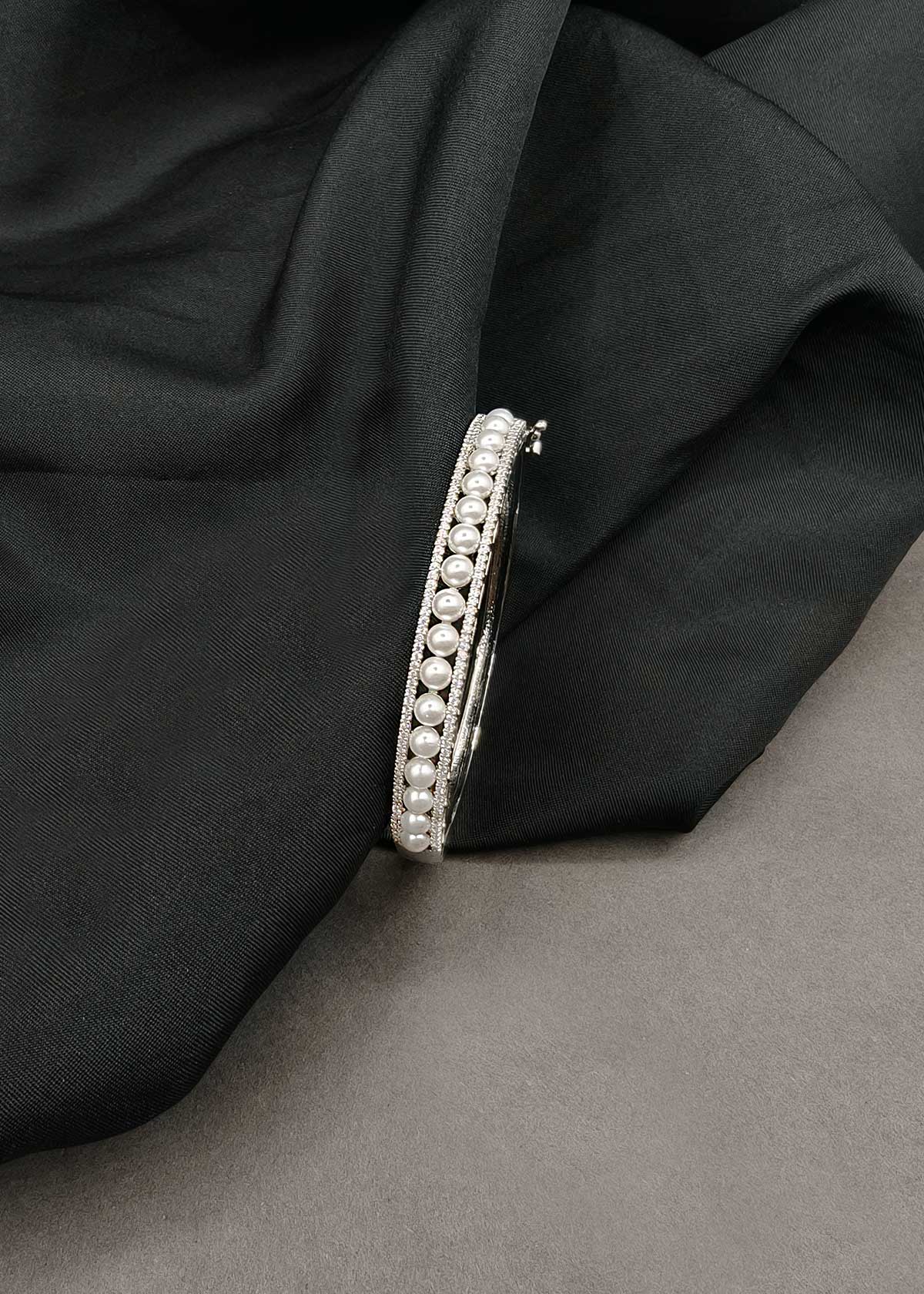 Elegant Single Line Pearl & Cubic Zircon Slim Openable Kada Bracelet For Women