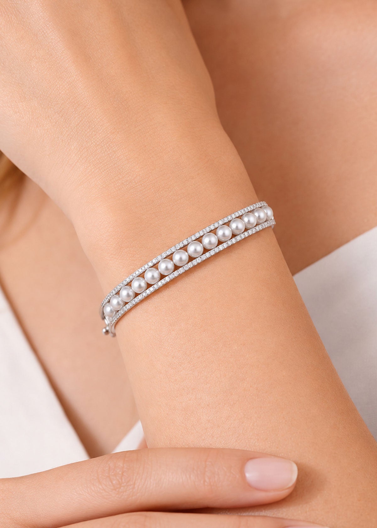 Elegant Single Line Pearl & Cubic Zircon Slim Openable Kada Bracelet For Women