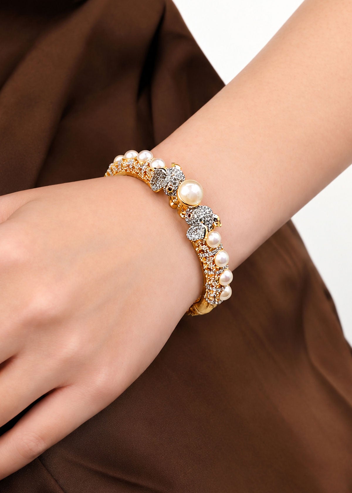 Royal Elephant Design Pearl & Cubic Zircon Openable Kada Bracelet For Women