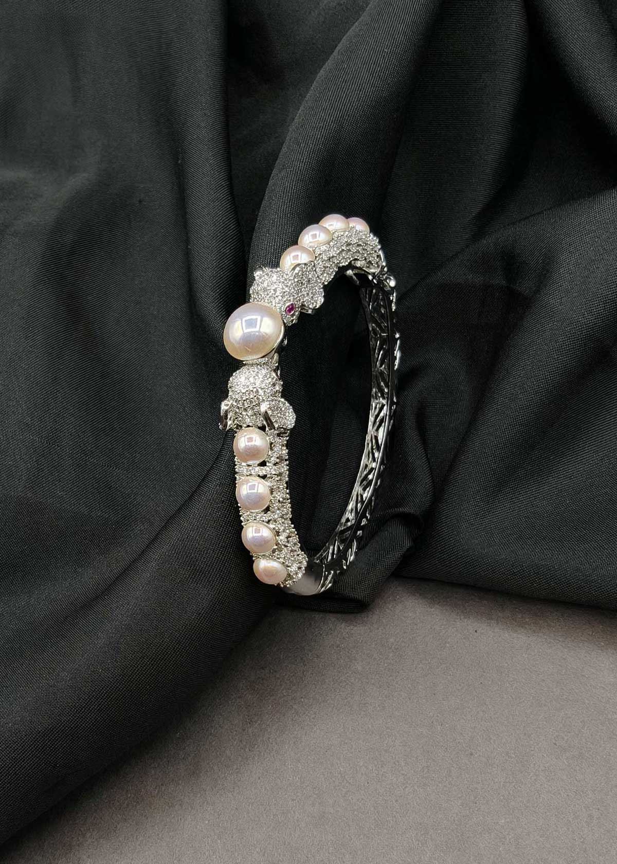 Royal Majestic Elephant Design Pearl & Cubic Zircon Heavy Openable Kada Bracelet For Women