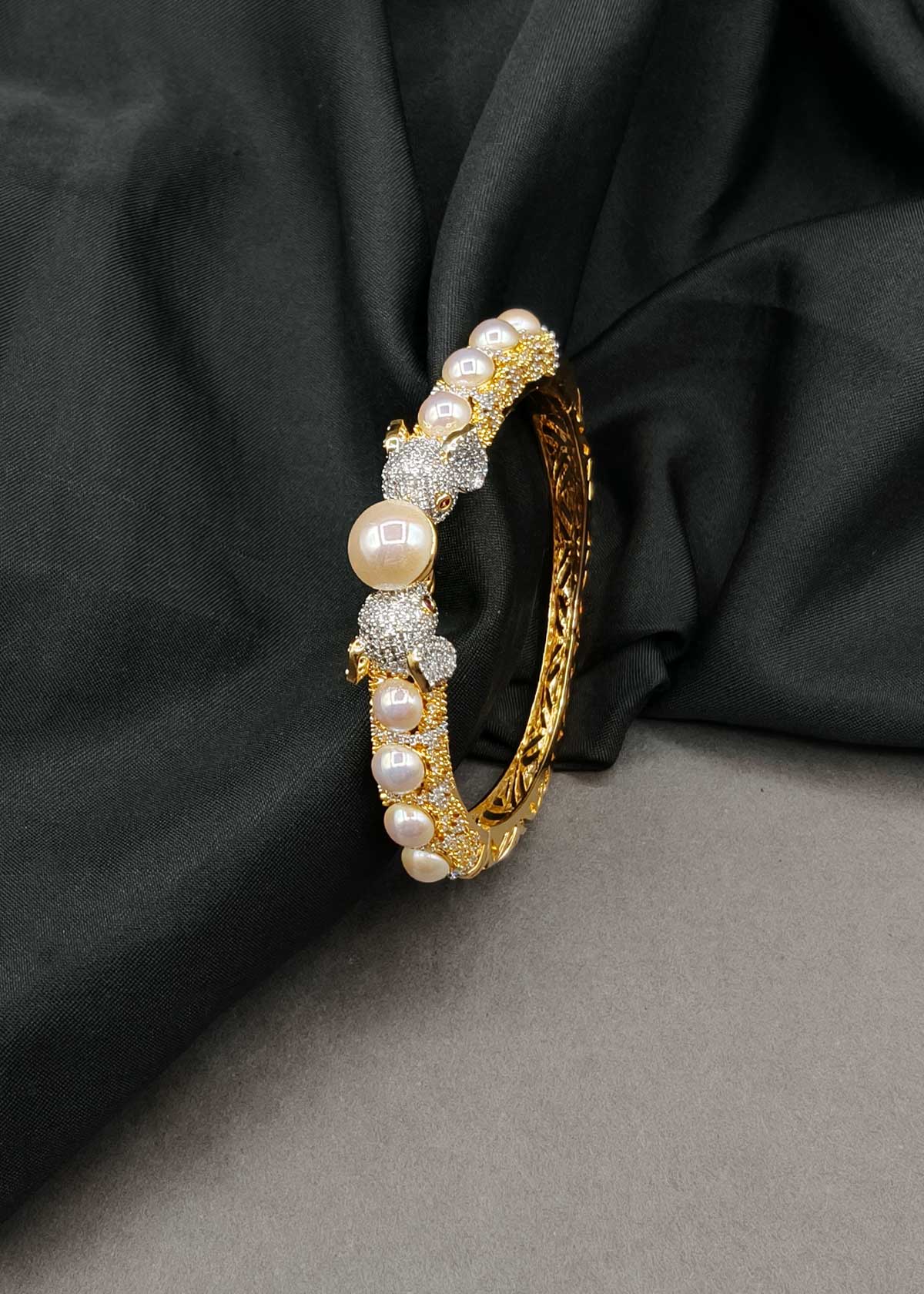 Royal Majestic Elephant Design Pearl & Cubic Zircon Heavy Openable Kada Bracelet For Women