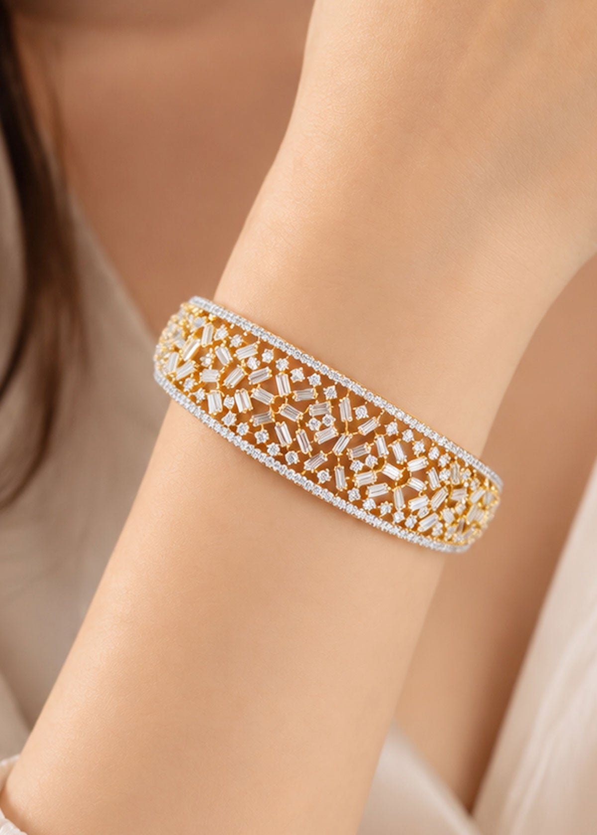 Baguette Cut & Zircon Broad Openable Kada Bracelet For Women