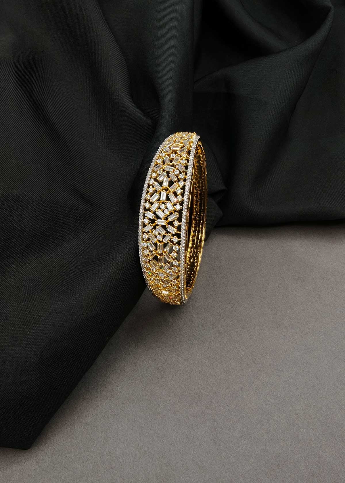 Glamorous Baguette Cut Diamond & Cubic Zircon Broad Openable Kada Bracelet For Women