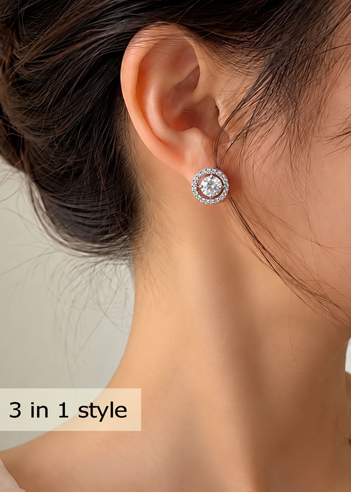 92.5 Silver Detachable 3 In 1 Zircon Solitaire Small Stud Earrings For Women