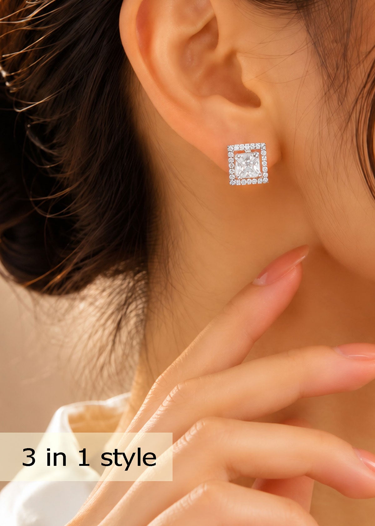 92.5 Silver 3 In 1 Convertible Square Zircon Small Solitaire Stud Earrings For Women