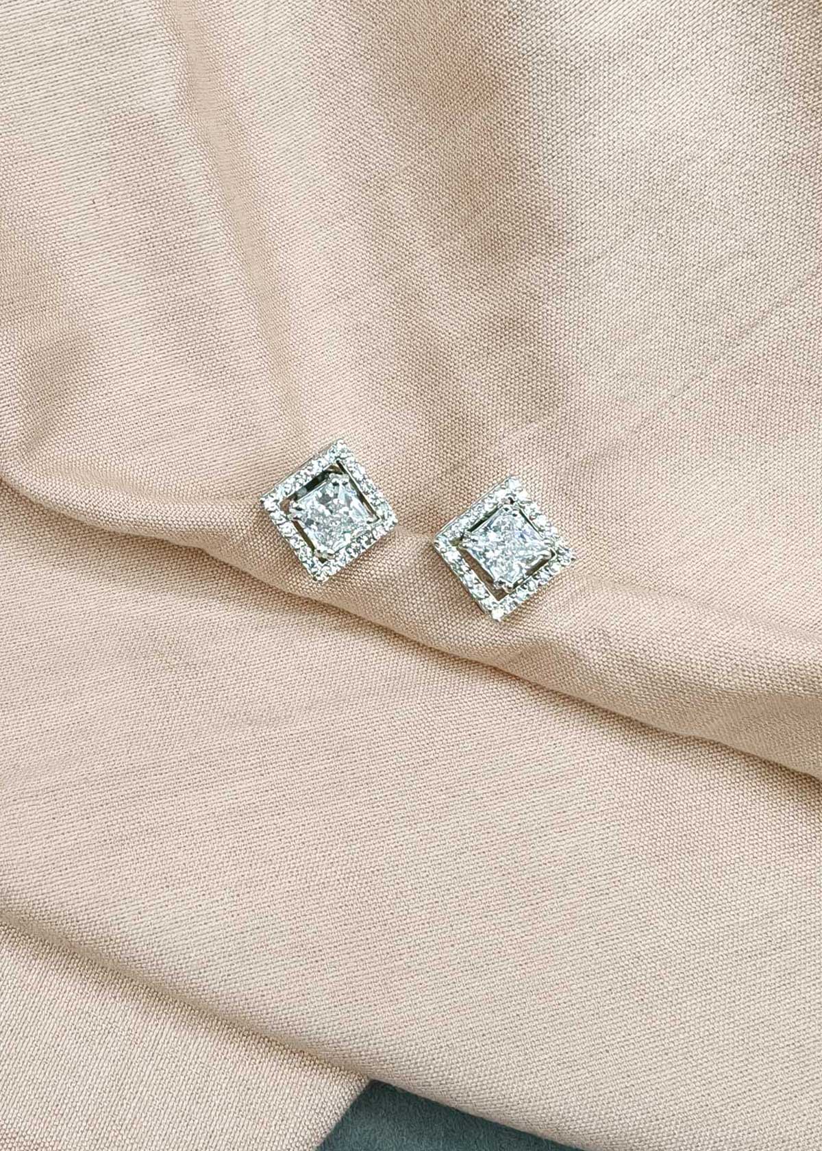 92.5 Sterling Silver 3 In 1 Convertible Square Halo Cubic Zircon Small Solitaire Stud Earrings For Women