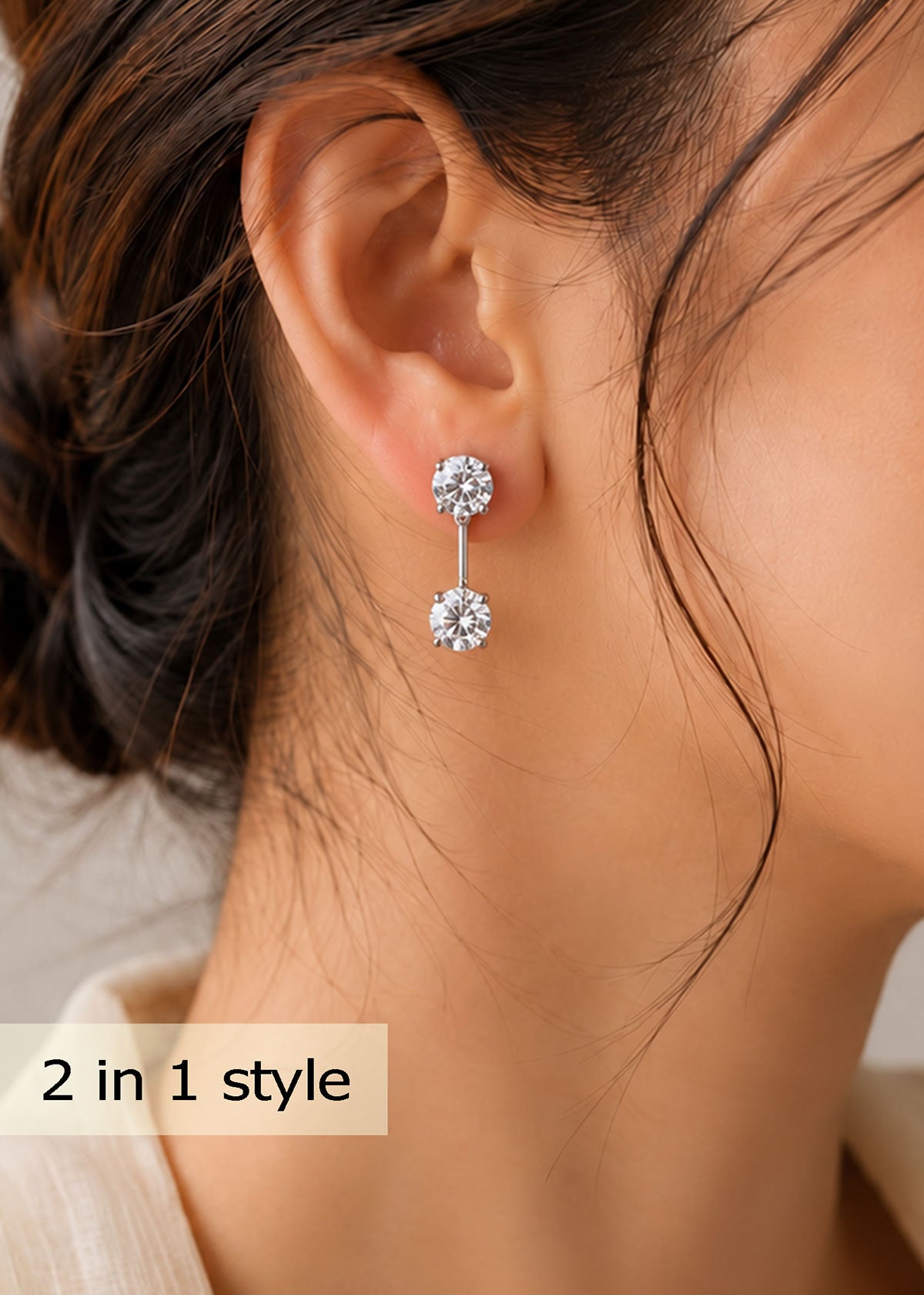 92.5 Silver Removeable 2 In 1 Dual Solitaire Zircon Small Stud Earrings For Women