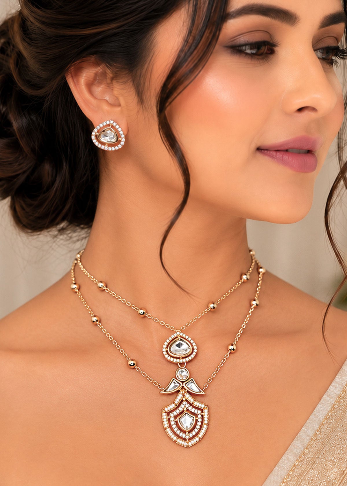Layered Chain Kundan & Cubic Zircon Pendant Delicate Necklace Set For Women