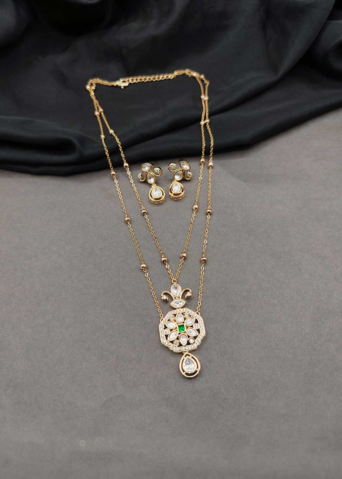 Kundan & Cubic Zircon Medallion Layered Necklace Set For Women