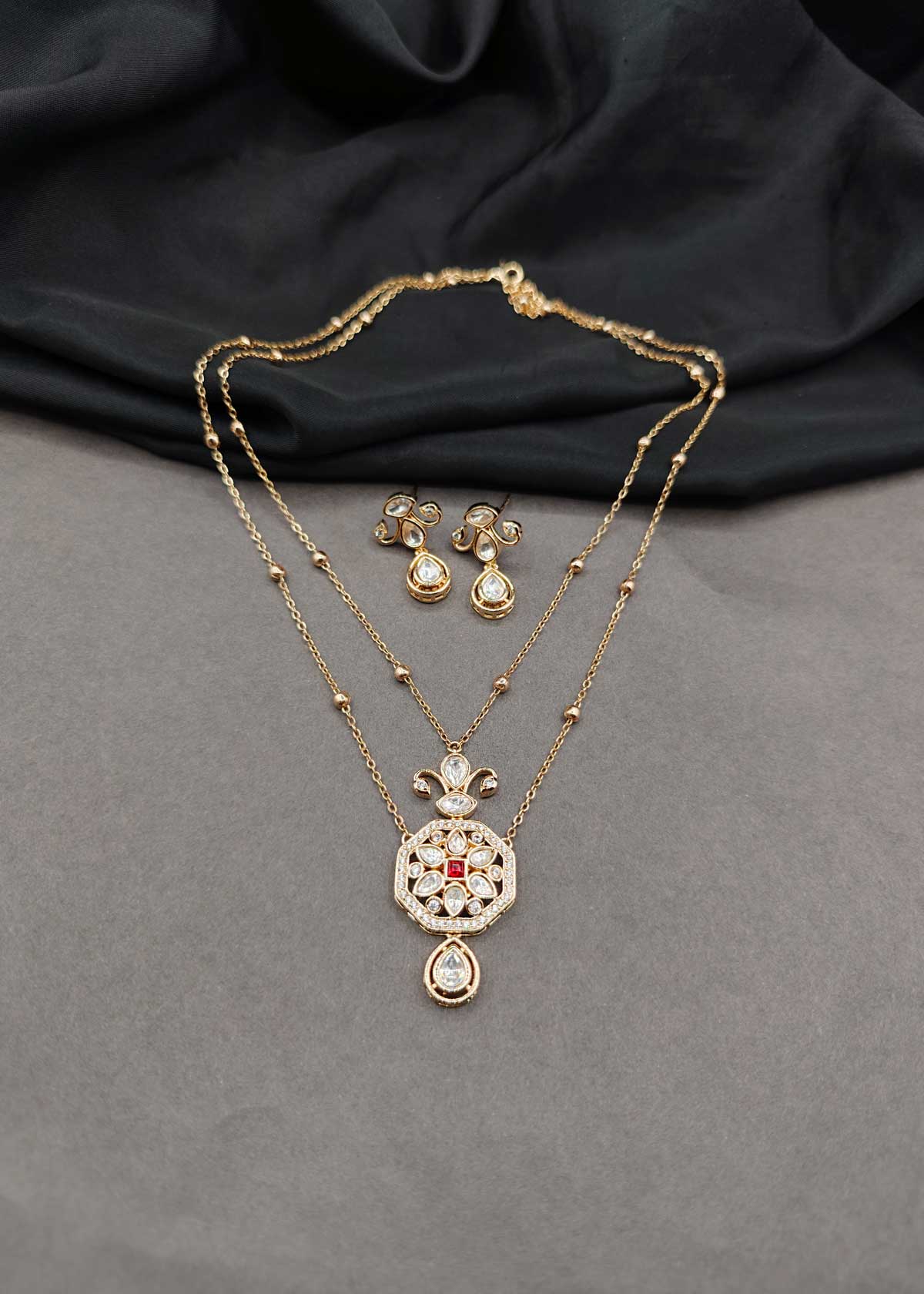 Kundan & Cubic Zircon Medallion Layered Necklace Set For Women