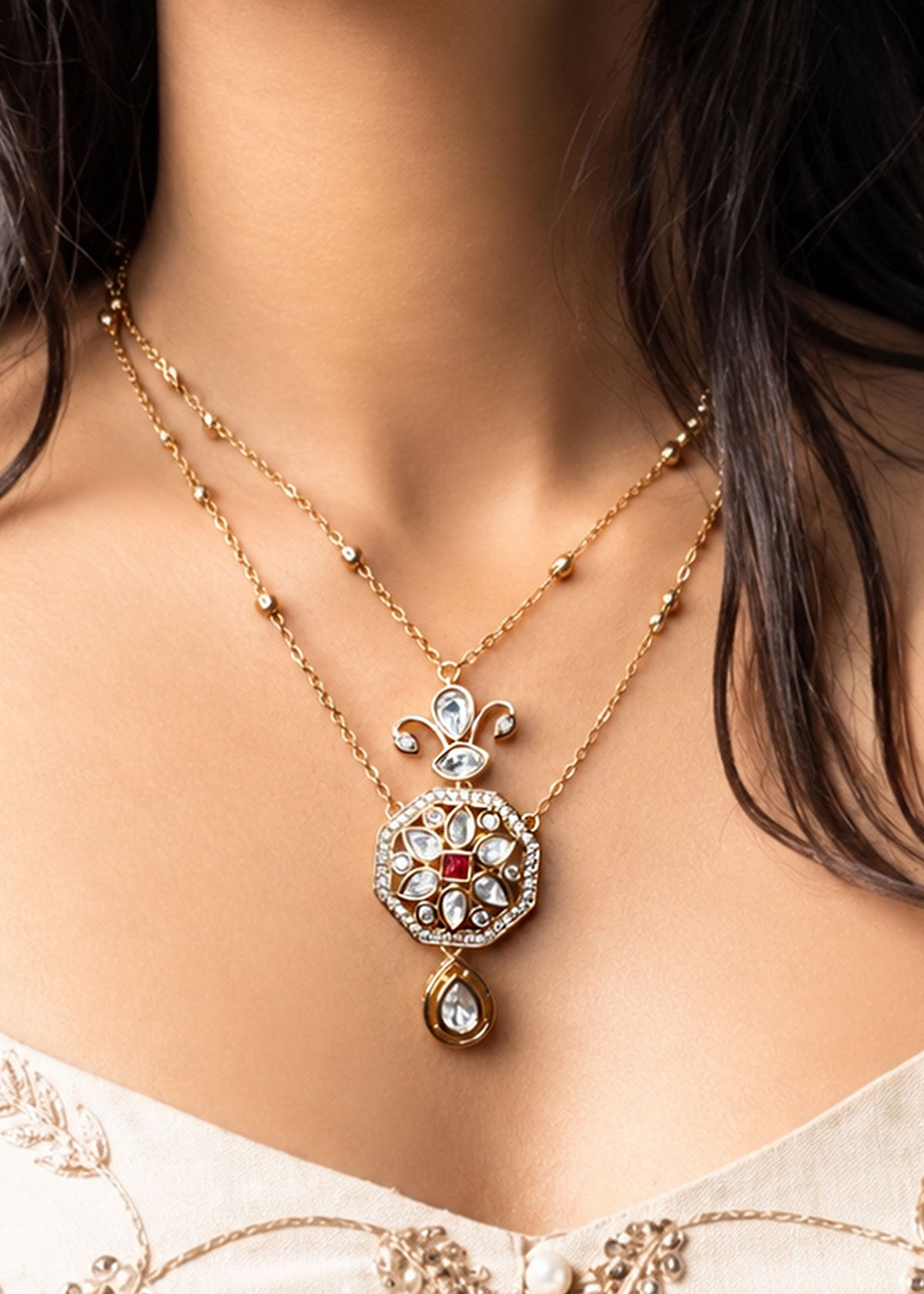 Kundan & Cubic Zircon Medallion Layered Necklace Set For Women
