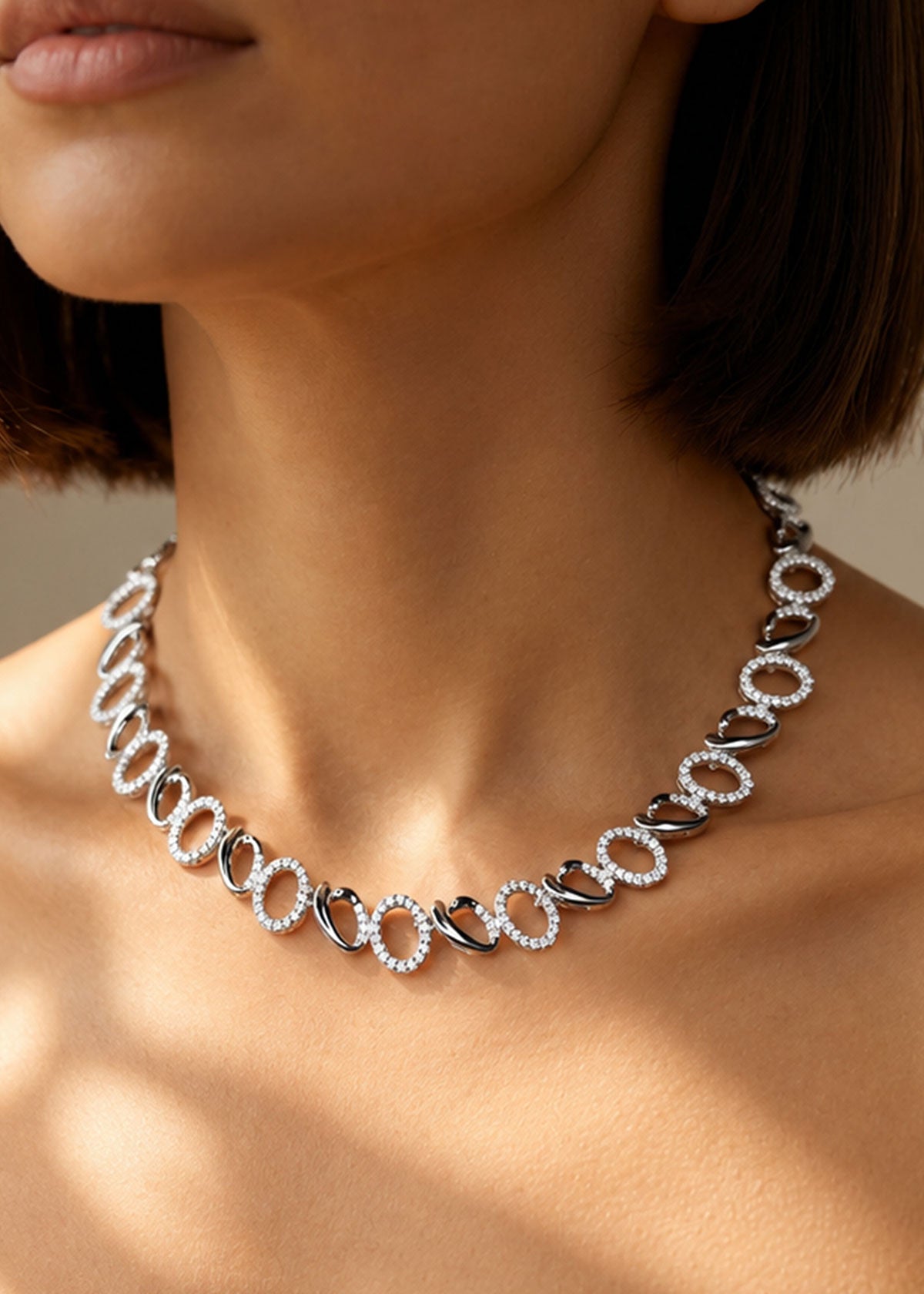 Elegant Cubic Zircon Oval Link Delicate Short Necklace Set For Women