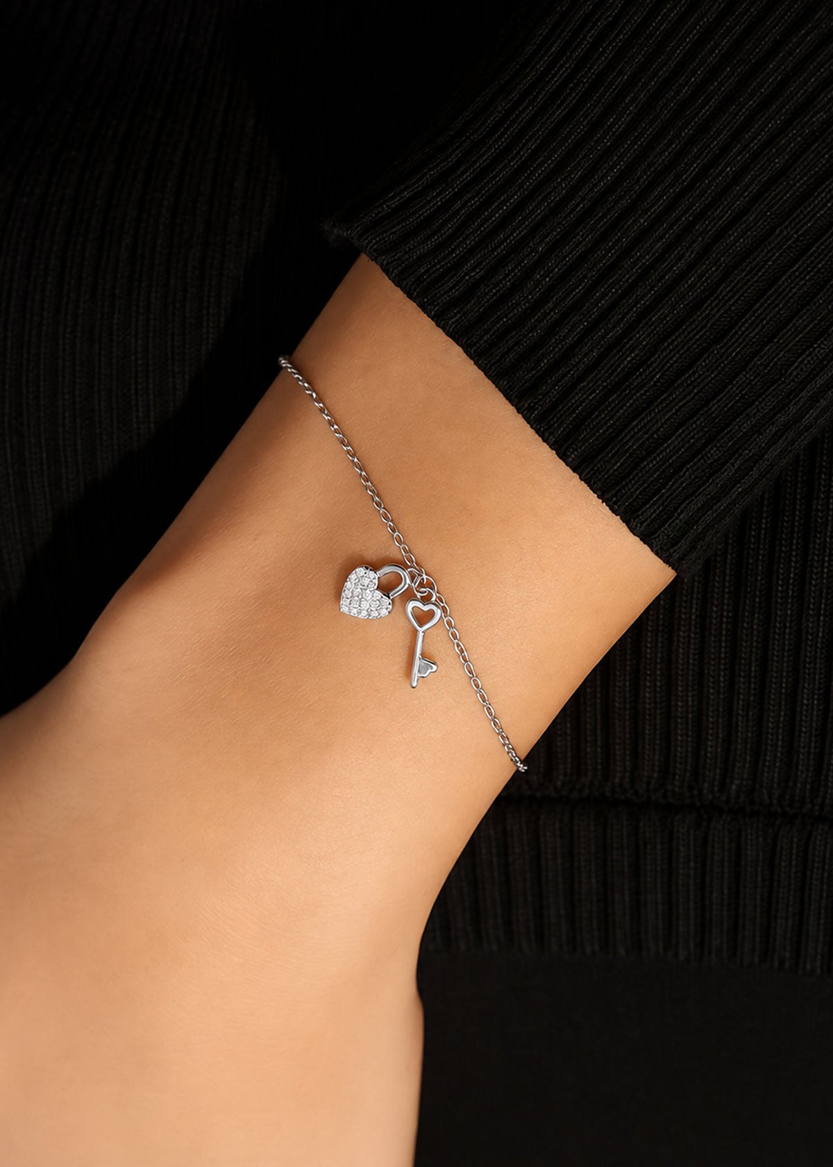 92.5 Silver Heart Lock & Key Zircon Delicate Adjustable Loose Bracelet For Women