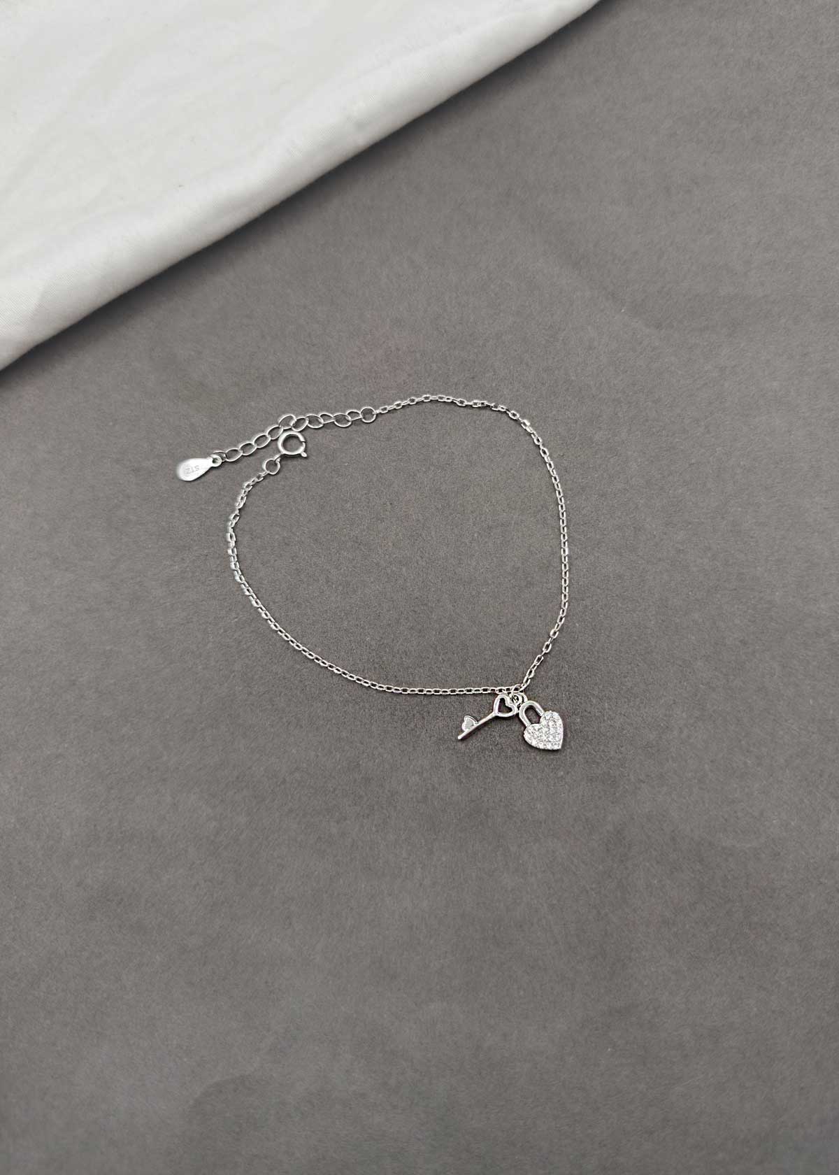 92.5 Silver Heart Lock & Key Cubic Zircon Delicate Loose Bracelet For Women