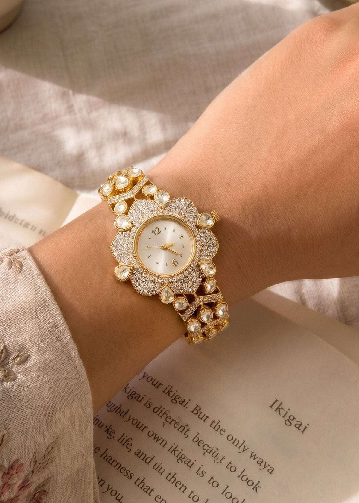 Moissanite & Cubic Zircon Floral Heavy Openable Kada Watch For Women