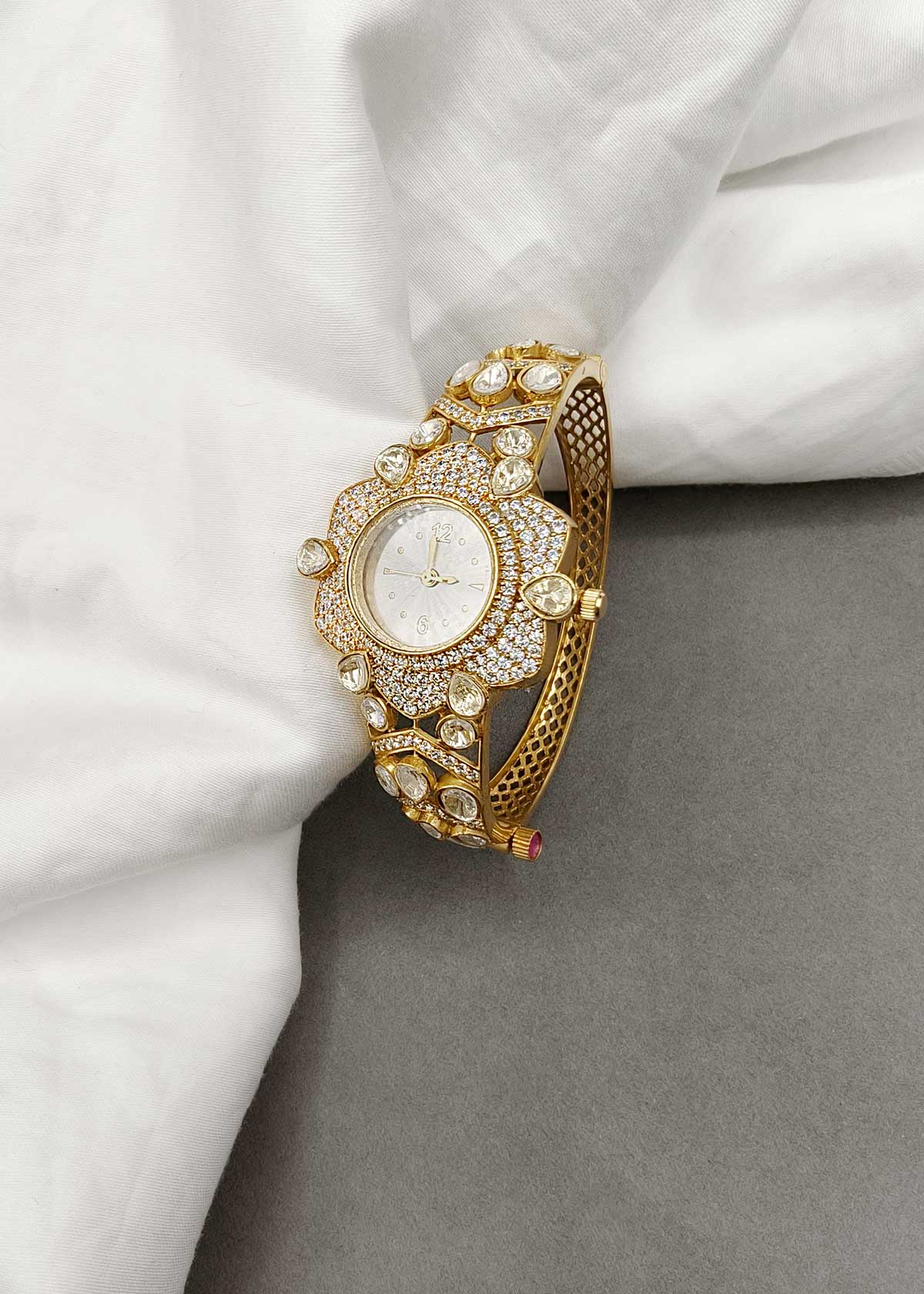 Moissanite & Cubic Zircon Floral Heavy Openable Kada Watch For Women