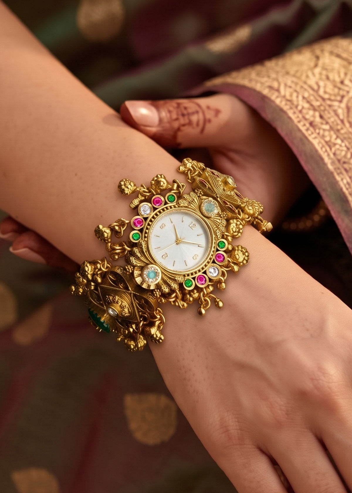 Temple Style Kundan & Cubic Zircon With Seed Pearl Heavy Watch For Women