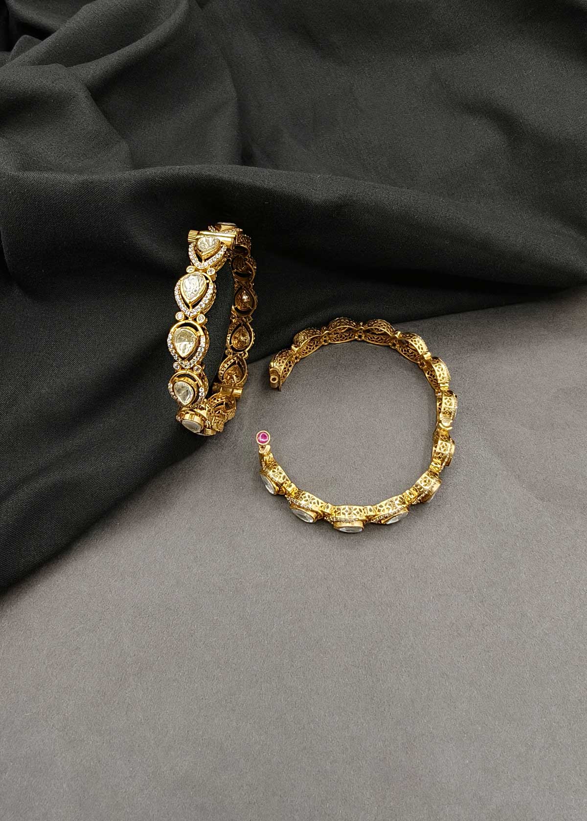 Teardrop Moissanite & Cubic Zircon Openable Kada Bangles For Women (Pair)