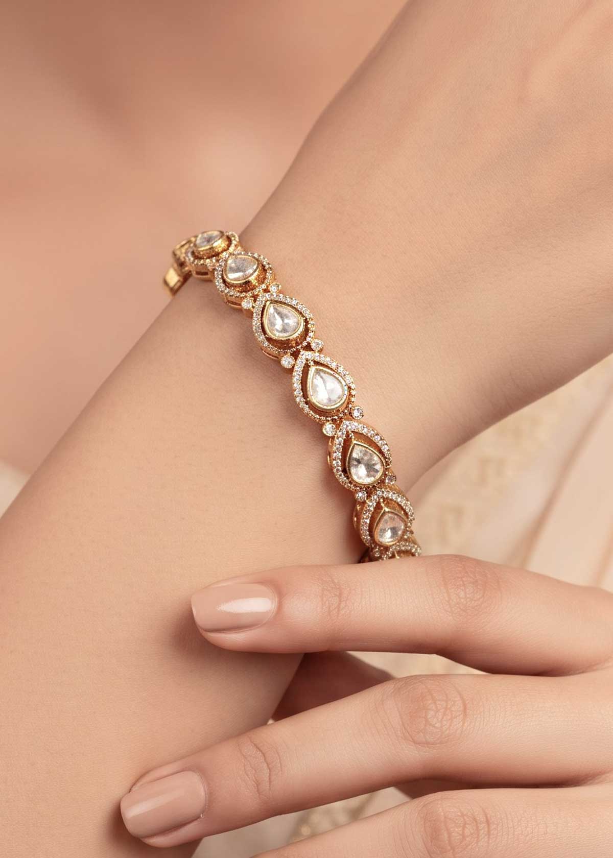 Teardrop Moissanite & Cubic Zircon Openable Kada Bangles For Women (Pair)