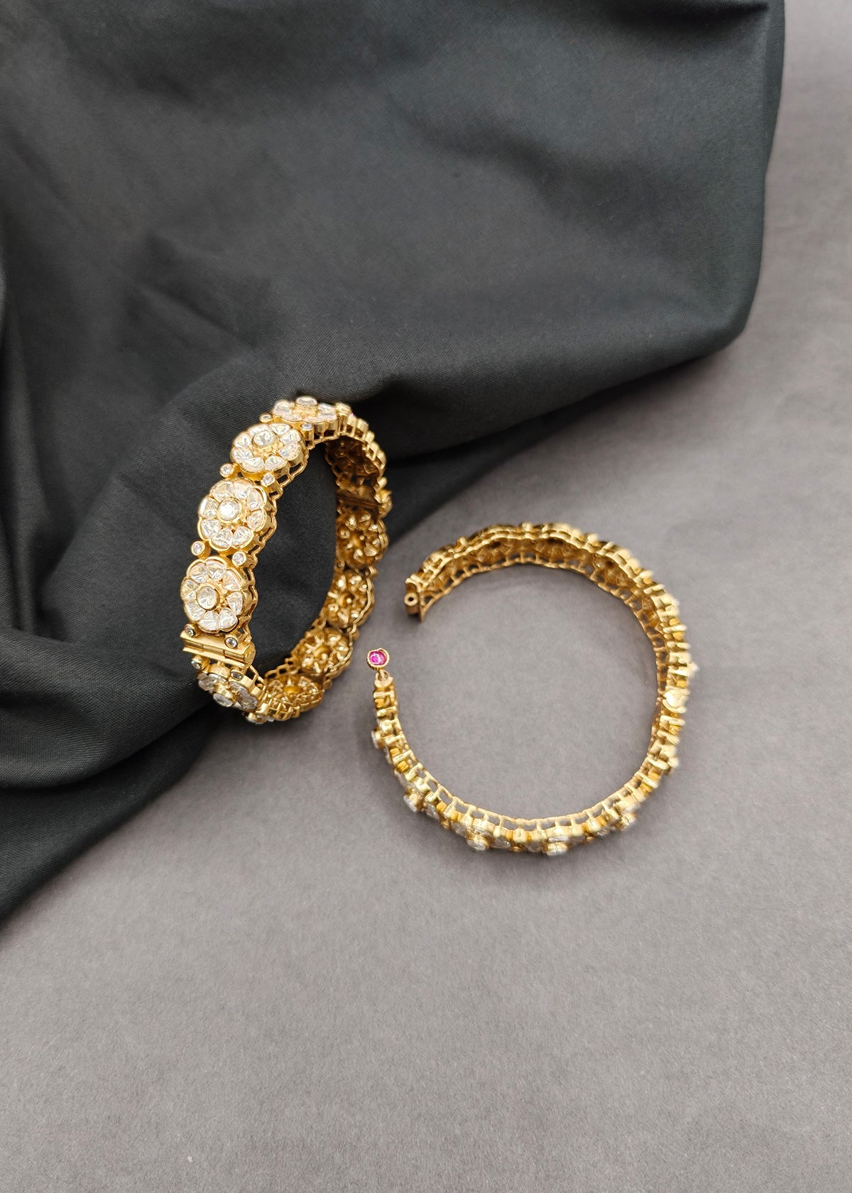 Floral Moissanite & Cubic Zircon Openable Kada Bangles For Women (Pair)