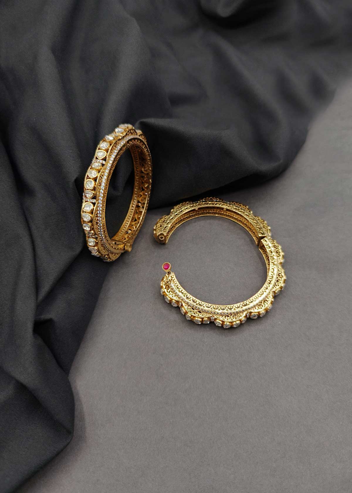 Moissanite Polki & Cubic Zircon Openable Kada Bangle For Women [Pair]