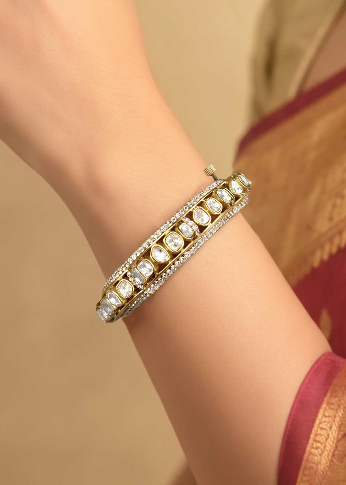 Moissanite Polki & Cubic Zircon Openable Kada Bangle For Women [Pair]